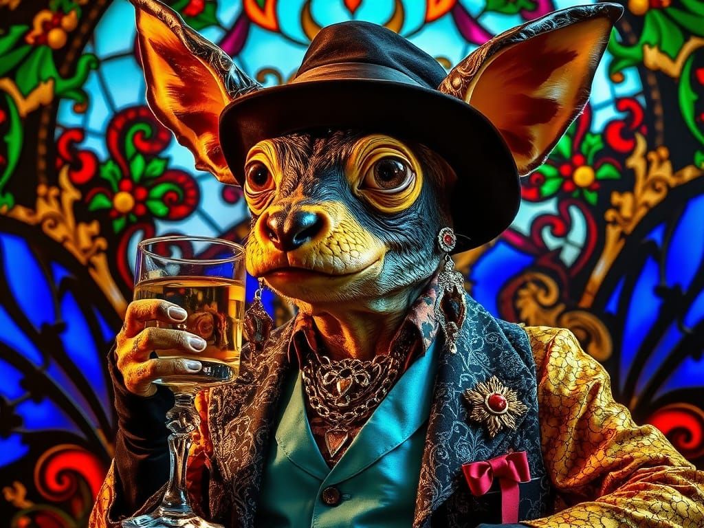 Art Nouveau Chupacabra in Stained Glass Style