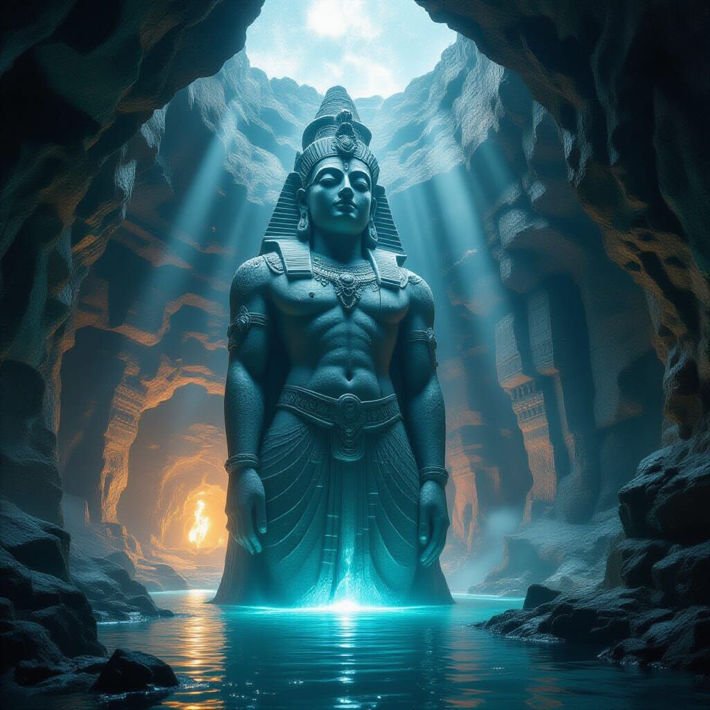 Ancient Deity Statue in Cosmic Grotto