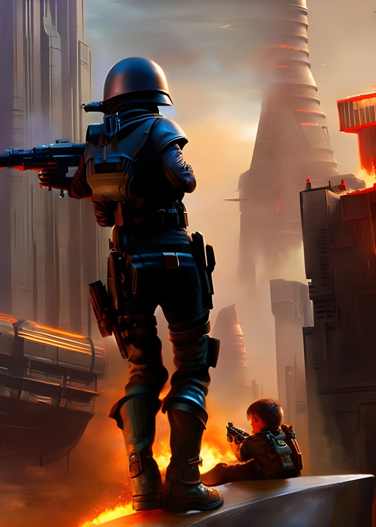 Girl with Sci-Fi Gun in Burning City