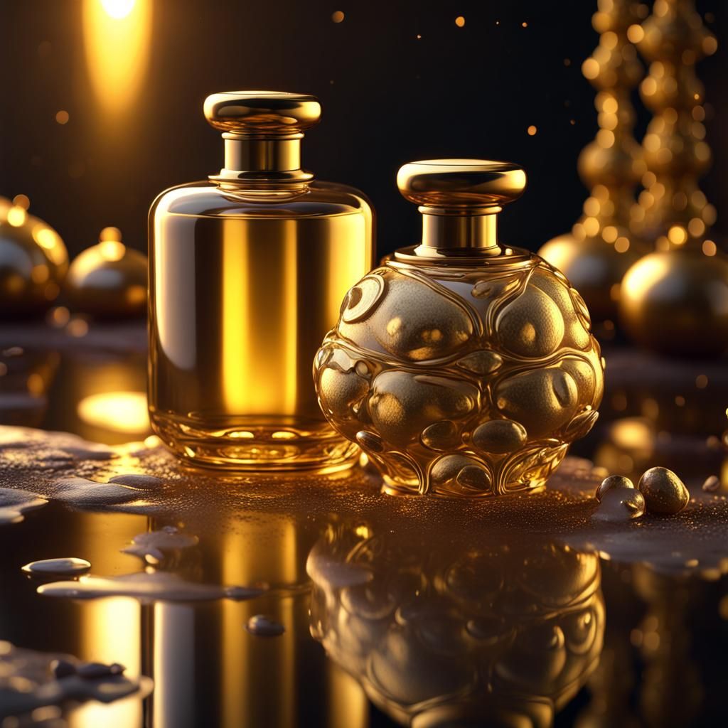 Gold Perfume Bottle in Dark, Matte Painting