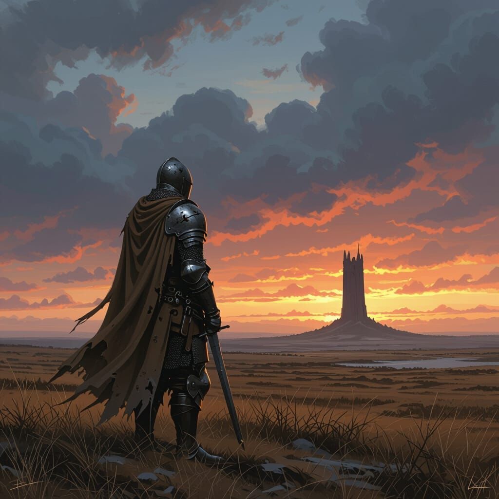 Lone Knight on Desolate Moor in Dark Fantasy Style