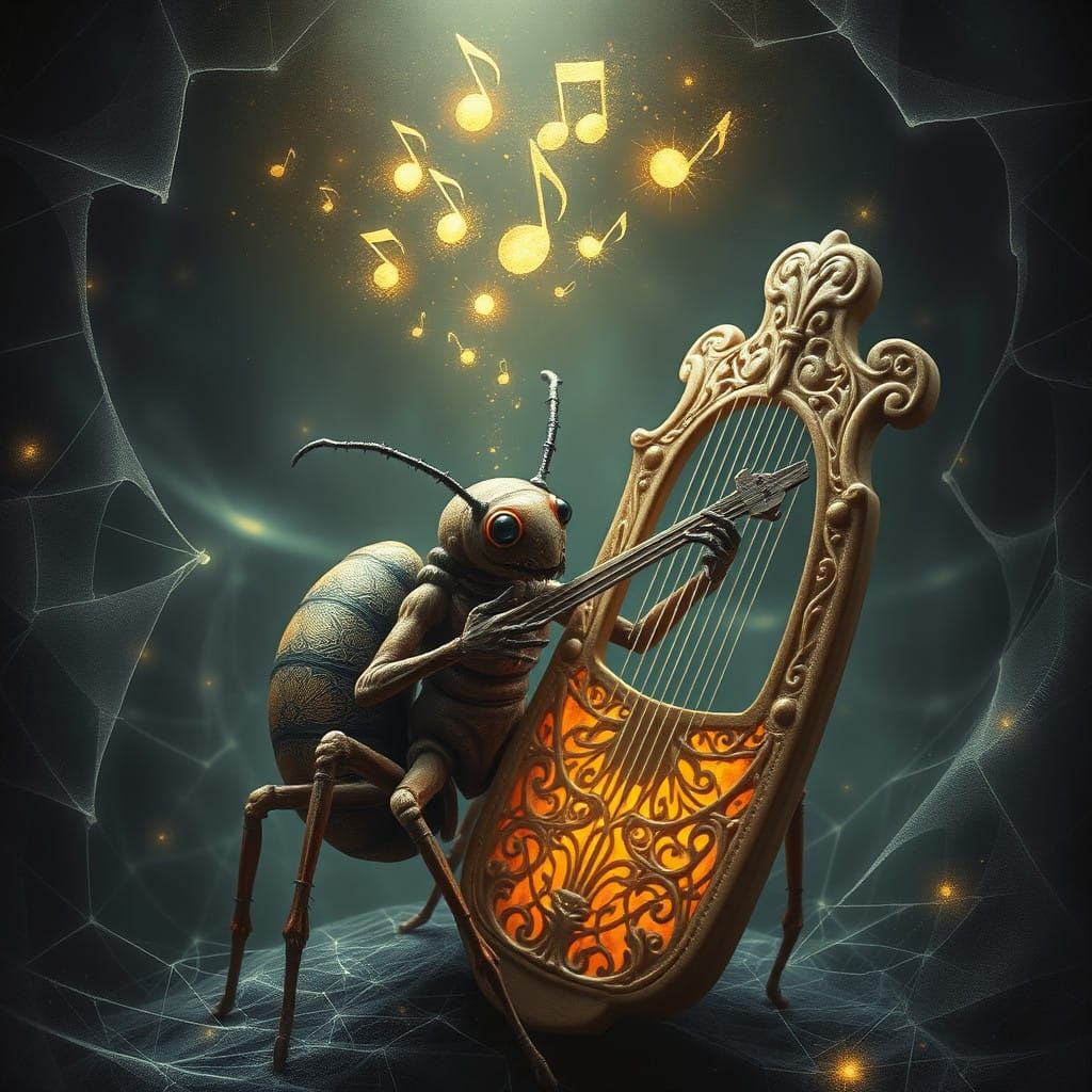 Arachnid Virtuoso Plays Mystical Harp Amidst Glowing Webs
