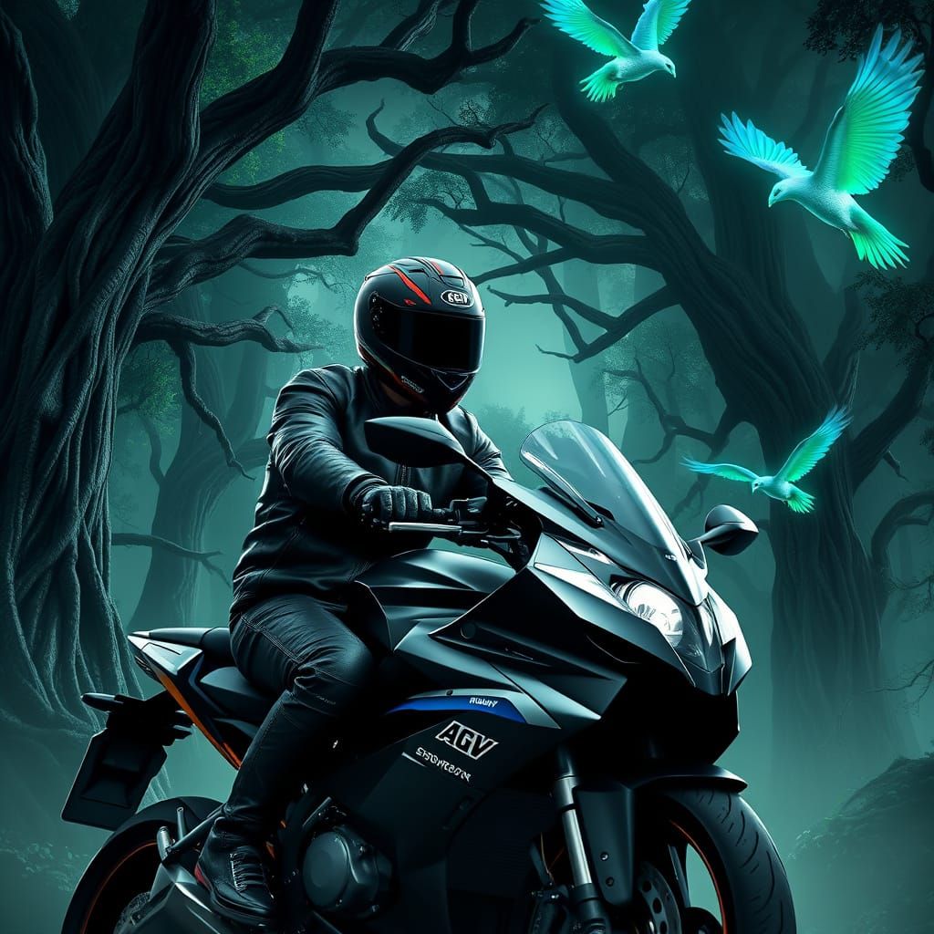 Motorcyclist in Dark Mythical Jungle with Biomechanical Elem...