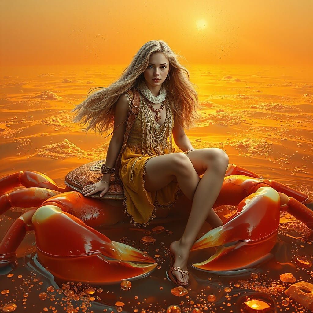 Woman on Gummy Crab in Dreamlike Soda Sea