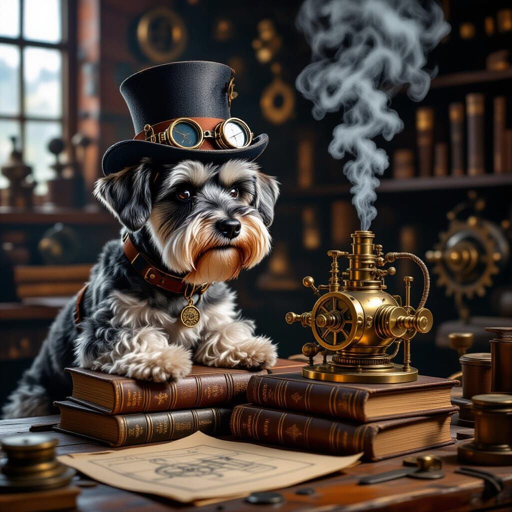 Steampunk Schnauzer in a Dimly Lit Workshop