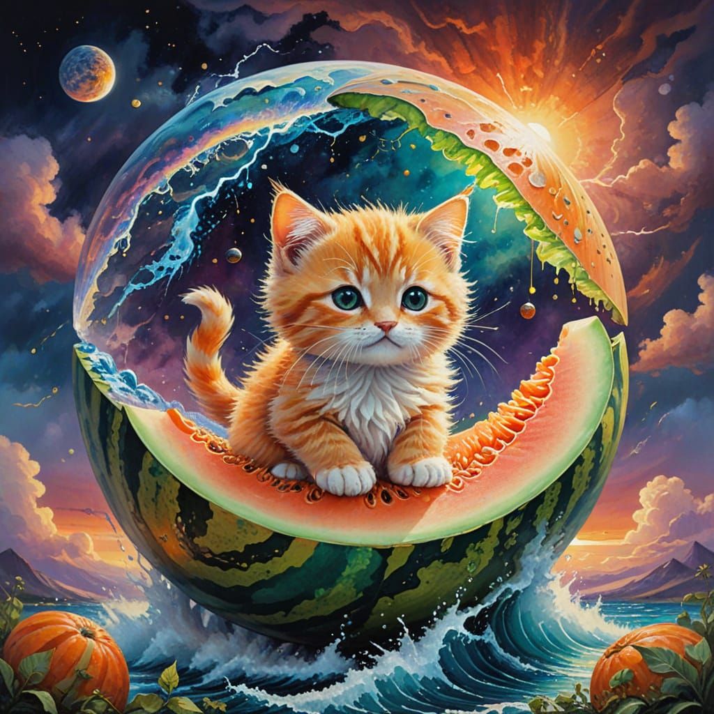 Fantasy Melon Kitten Emerges in Dreamlike Oil-and-Watercolor...