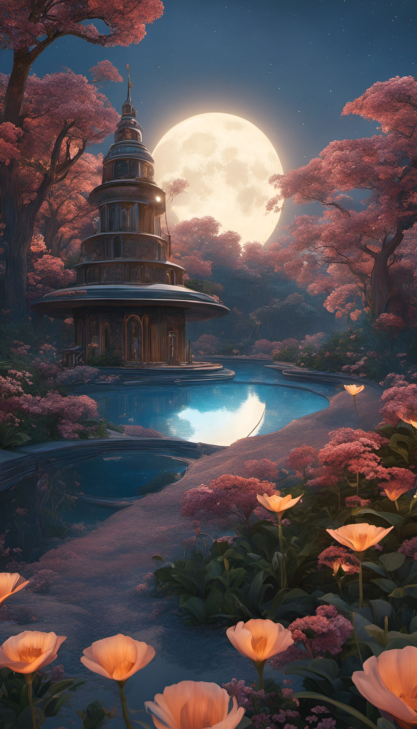 Art Nouveau Flower Arcology on Moonscape at Midnight