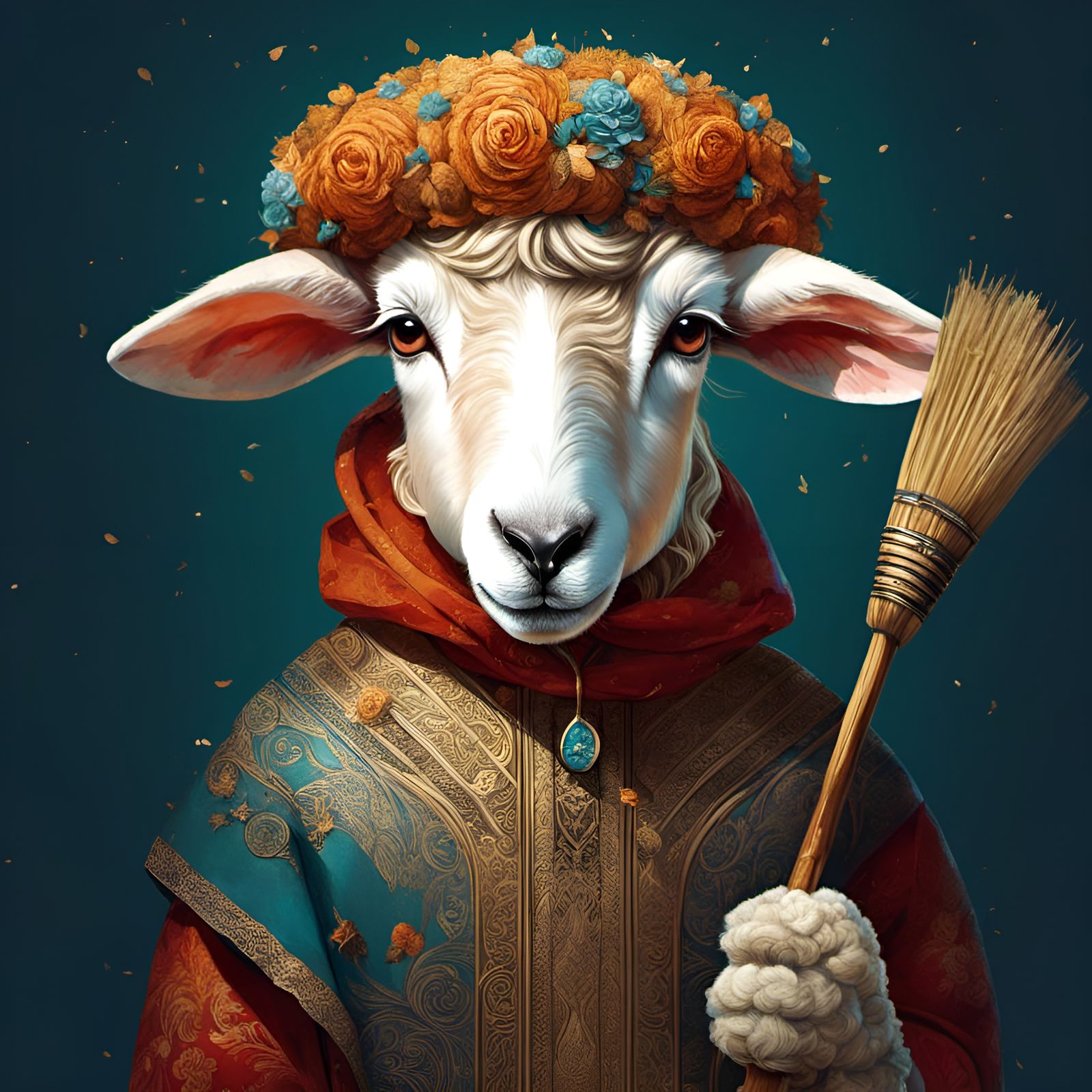 Adorable Sheep Portrait with Broom, Digital Illustration