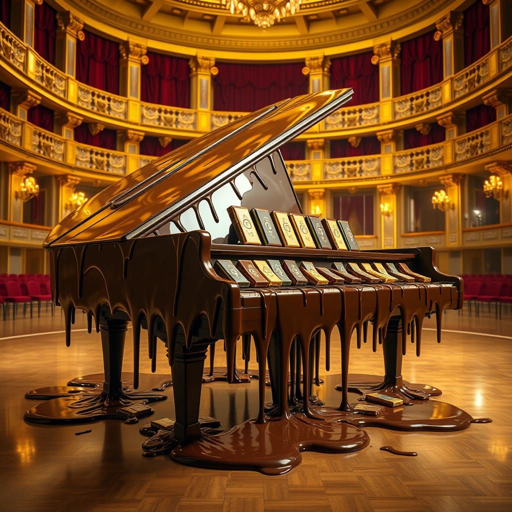 Melting Chocolate Piano in Opulent Concert Hall