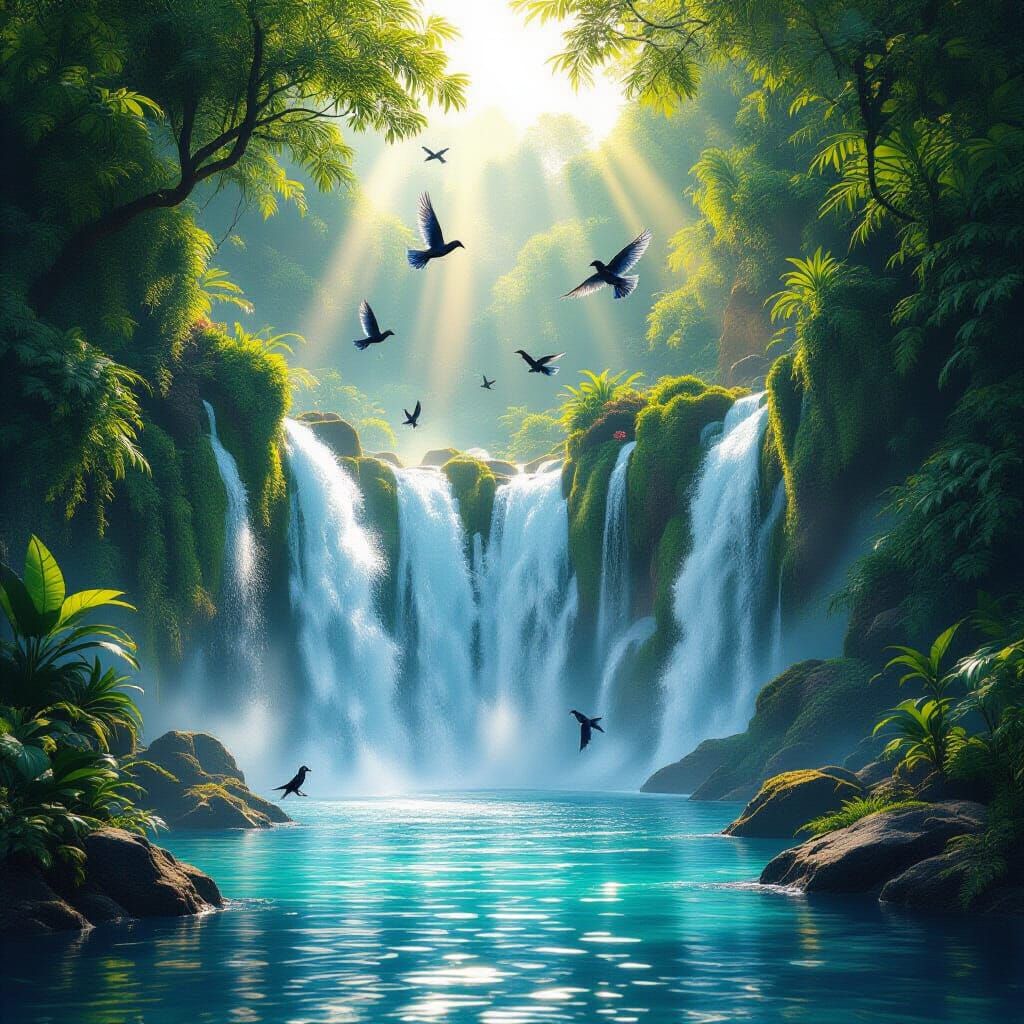 Hyperrealistic 3D Waterfall with Birds in Golden Hour Light