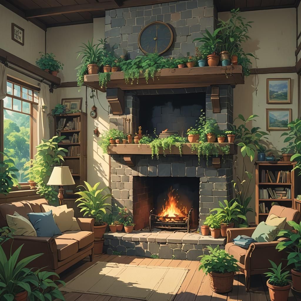Ghibli-Style Fireplace with Plants, Anime Key Visual