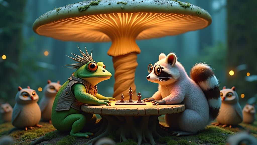 Chess Game Under Mushroom in Oil Painting Style