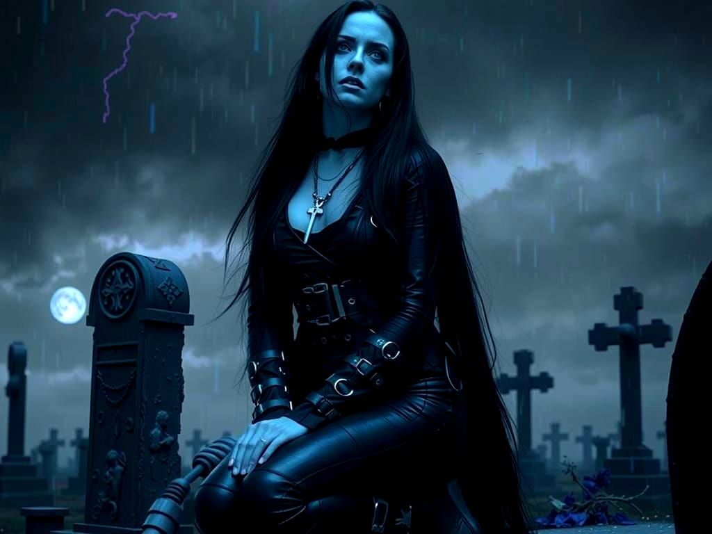 Gothic Woman Mourns in Blue Neon Rain