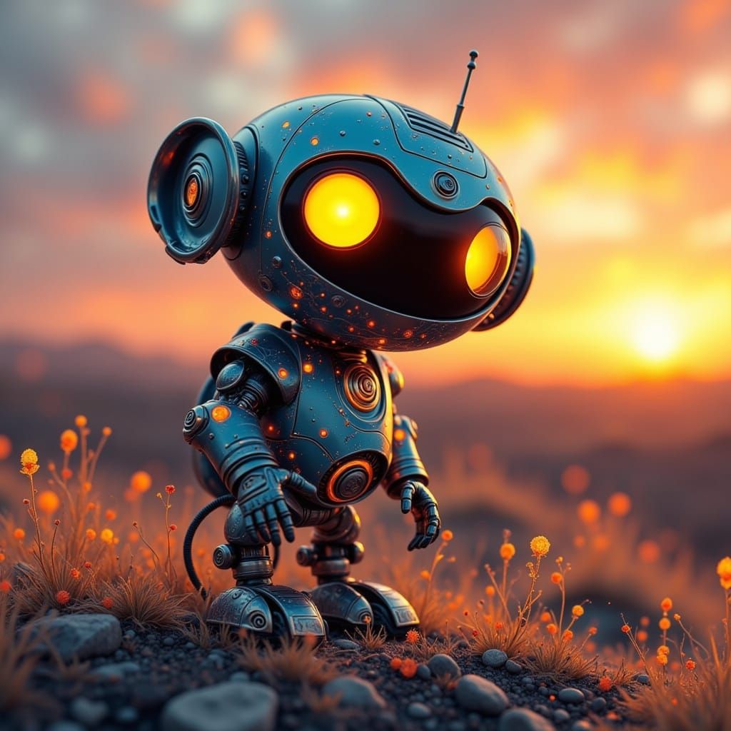 Adorable Robot Playing in Sunset Chaoscape
