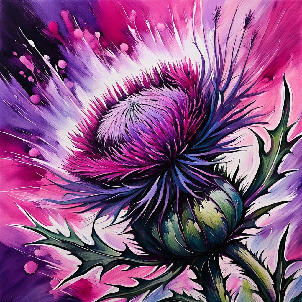 Scottish Thistle Ink Painting in Expressionist Style