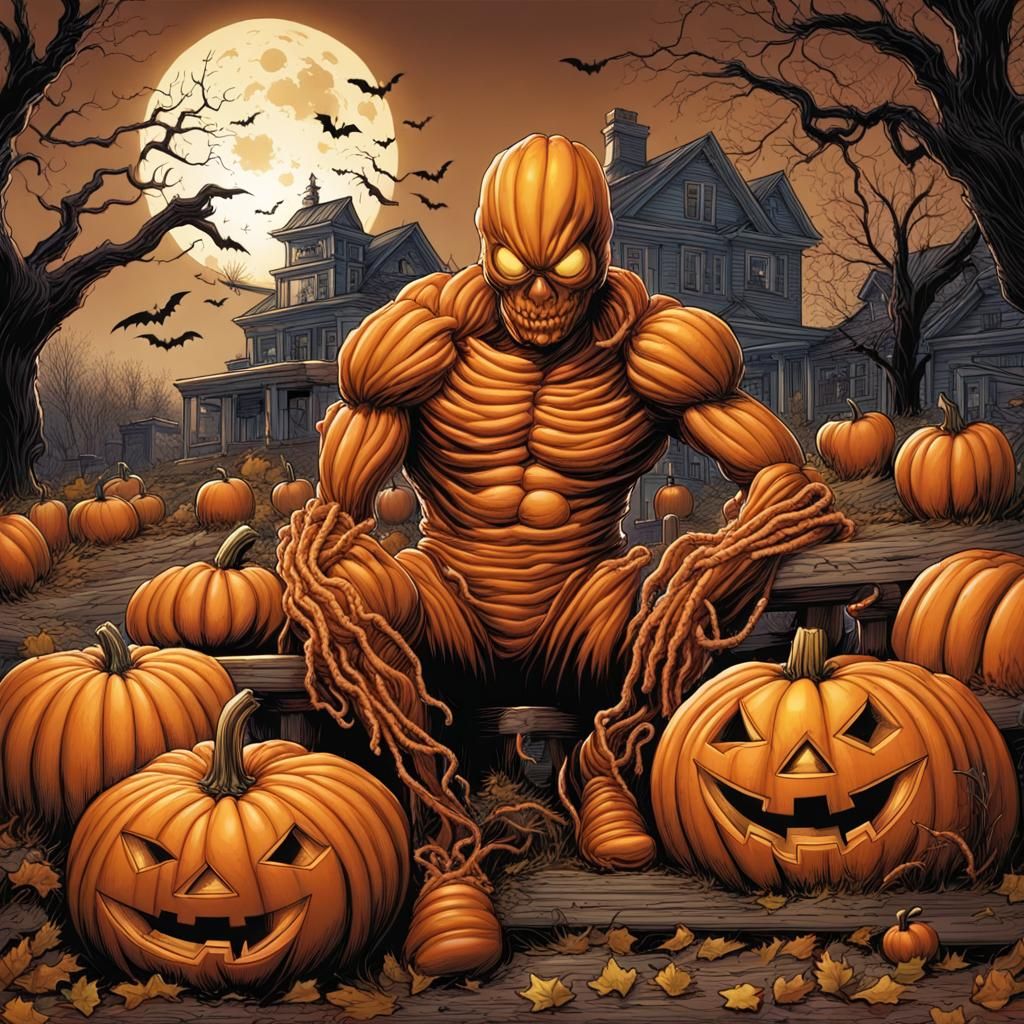 Hyperrealistic Pumpkin Man in Comic Book Art Style