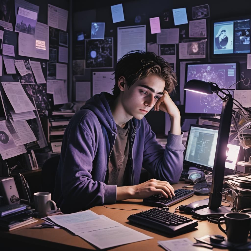 Sleep-Deprived Boy in Digital Dreamworld, Photorealistic Ren...