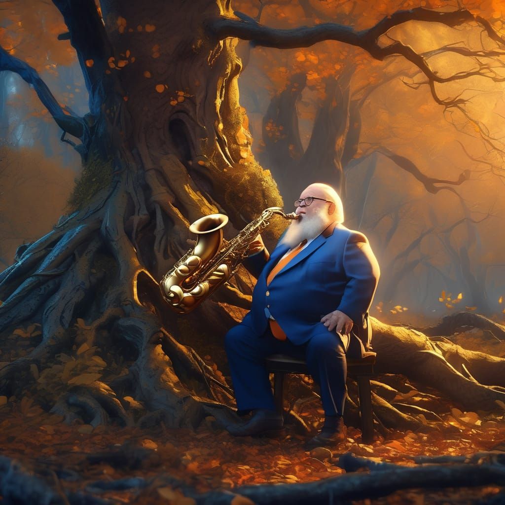 Saxophone Player in Mystical Forest: Vibrant Oil Painting