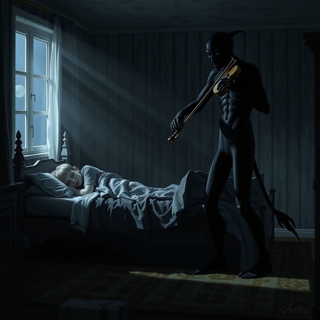 Dark Figure Plays Fiddle Beside Sleeping Boy in Moody, Gothi...