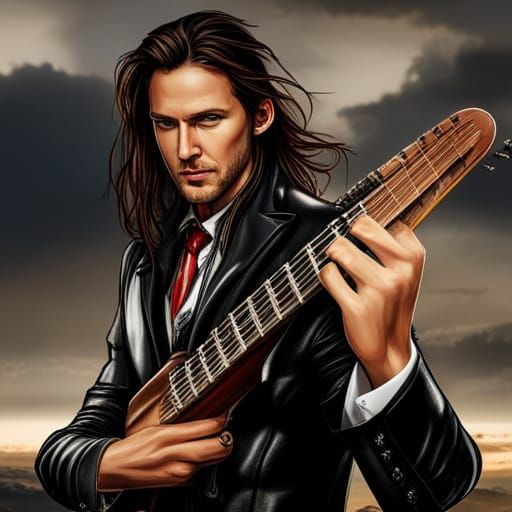 Handsome Man Playing Bass Guitar in Kilt: Hyperrealistic HDR