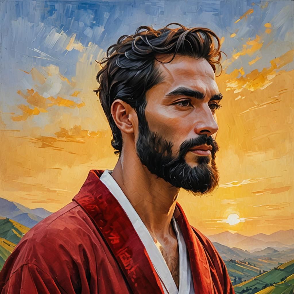 Elegant Man in Red Velvet Bathrobe, Impressionist Oil Painti...