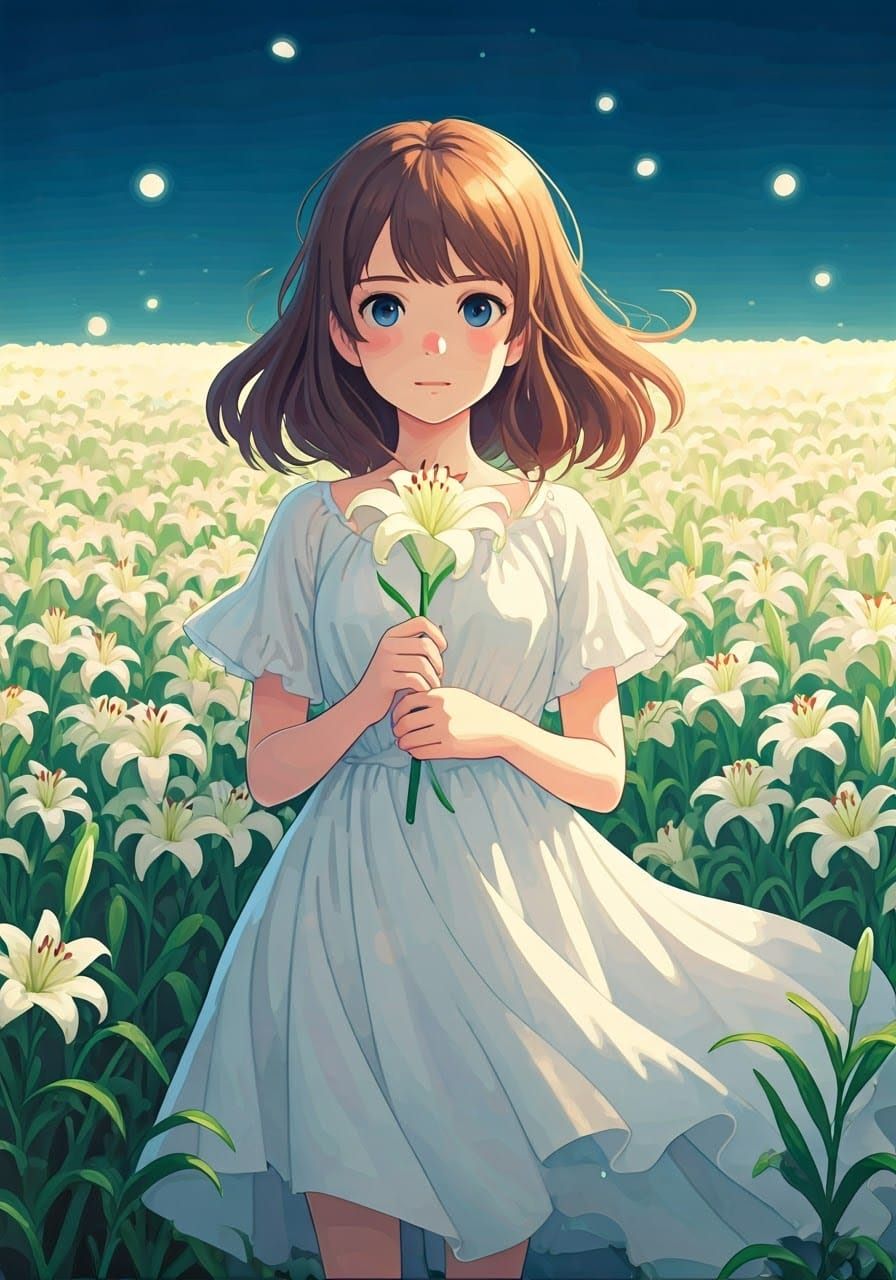 Girl in Lily Field: Studio Ghibli Anime