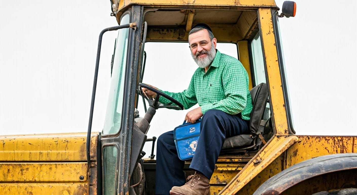 Hassidic Man on Tractor, Hyper-Realistic Digital Art