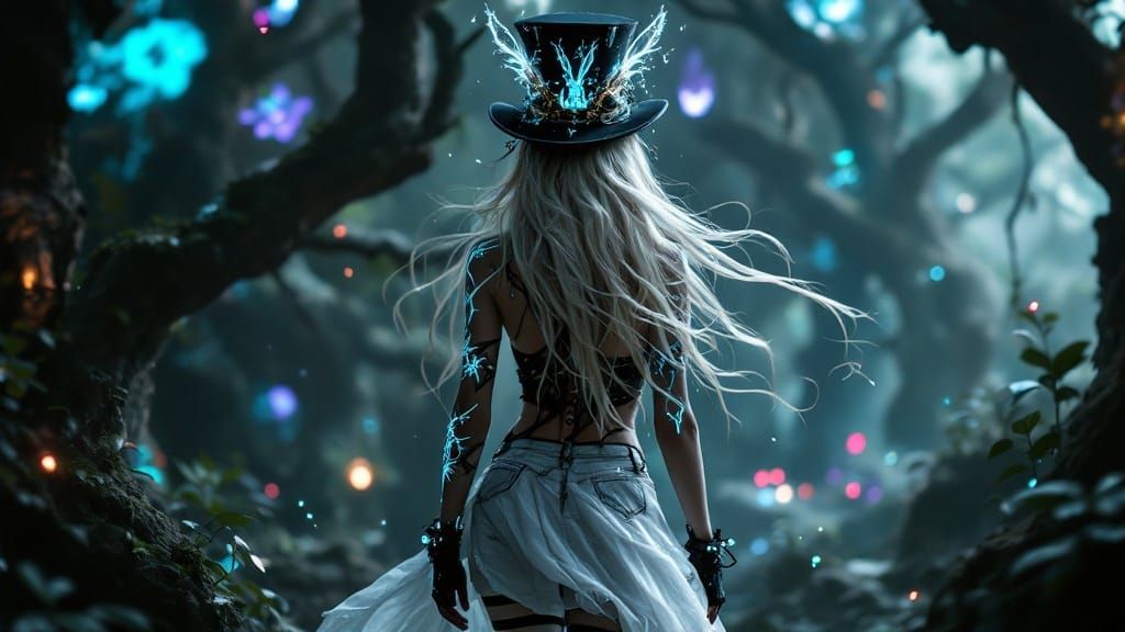 Goth Alice in Wonderland Concept Art in Cyberpunk Style