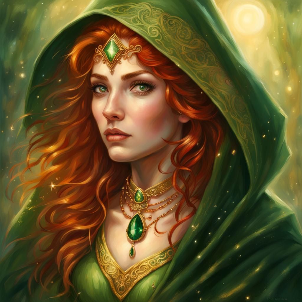 Ethereal Fantasy Wizard in Green and Gold