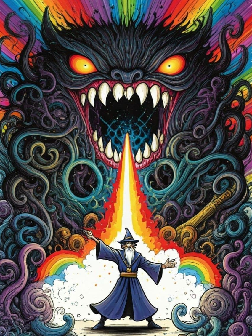 Wizard's Rainbow Battle in Doodle Art Style