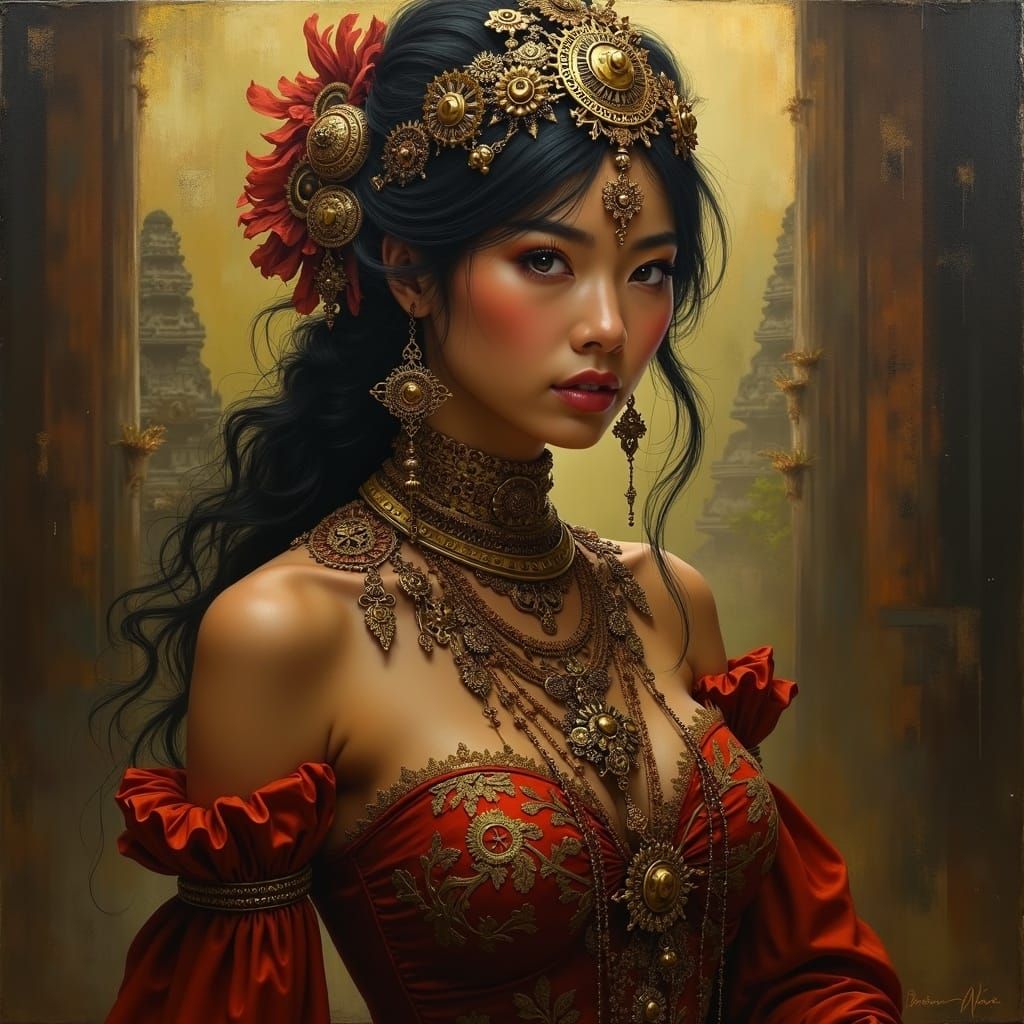 Steampunk Cambodian Noblewoman in Oil Painting Style