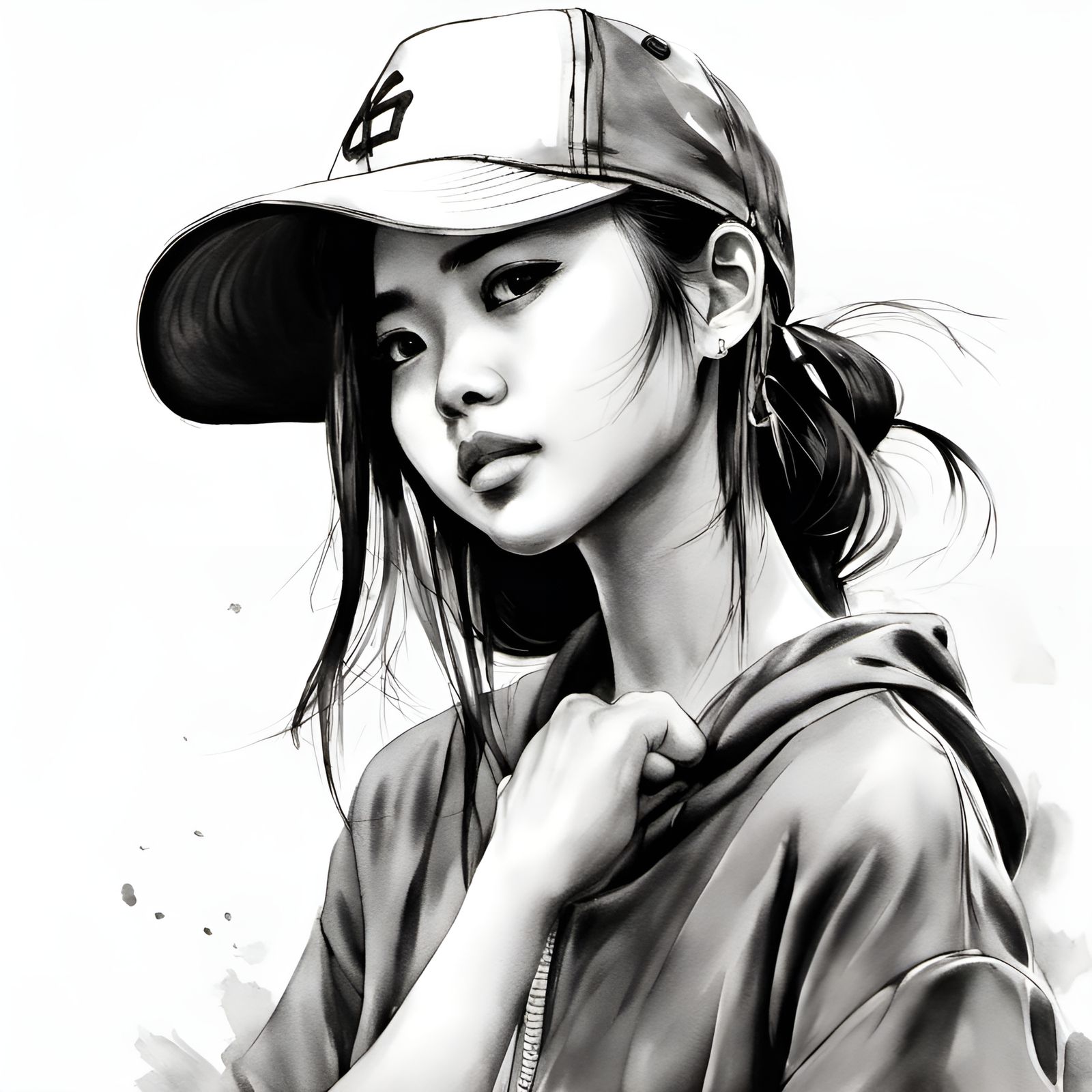 Thai Girl with Baseball Cap in Ink Painting Style
