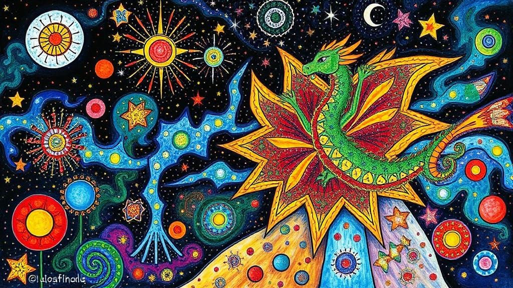 Dragon in Vibrant Star Stream: Hundertwasser and Chagall Sty...