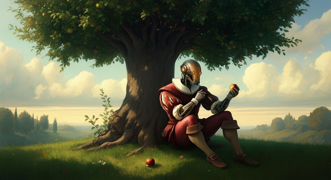 Cyborg Renaissance Man Contemplating Apple, Oil Painting