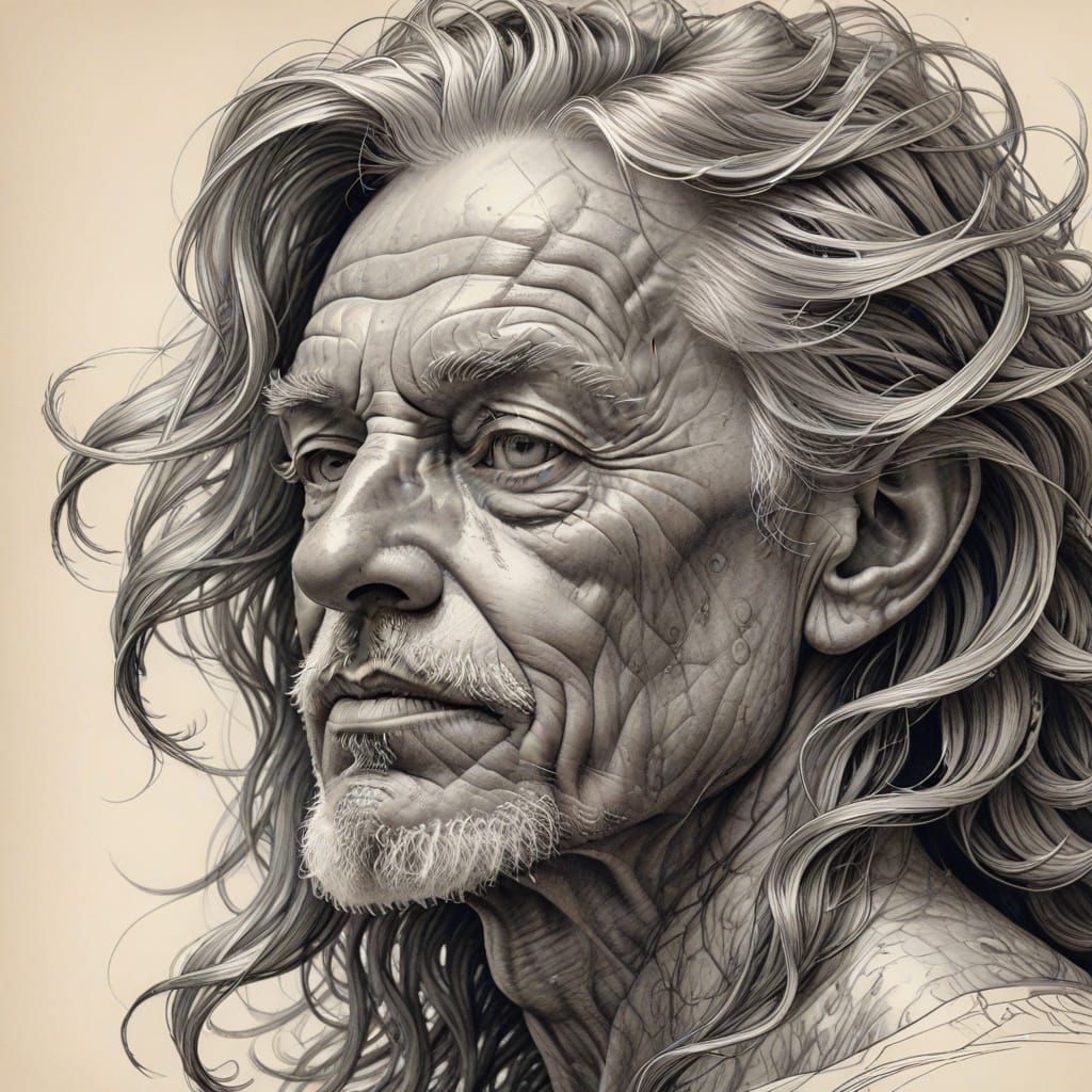 Detailed Line Art: Elderly Face in Earthy Tones