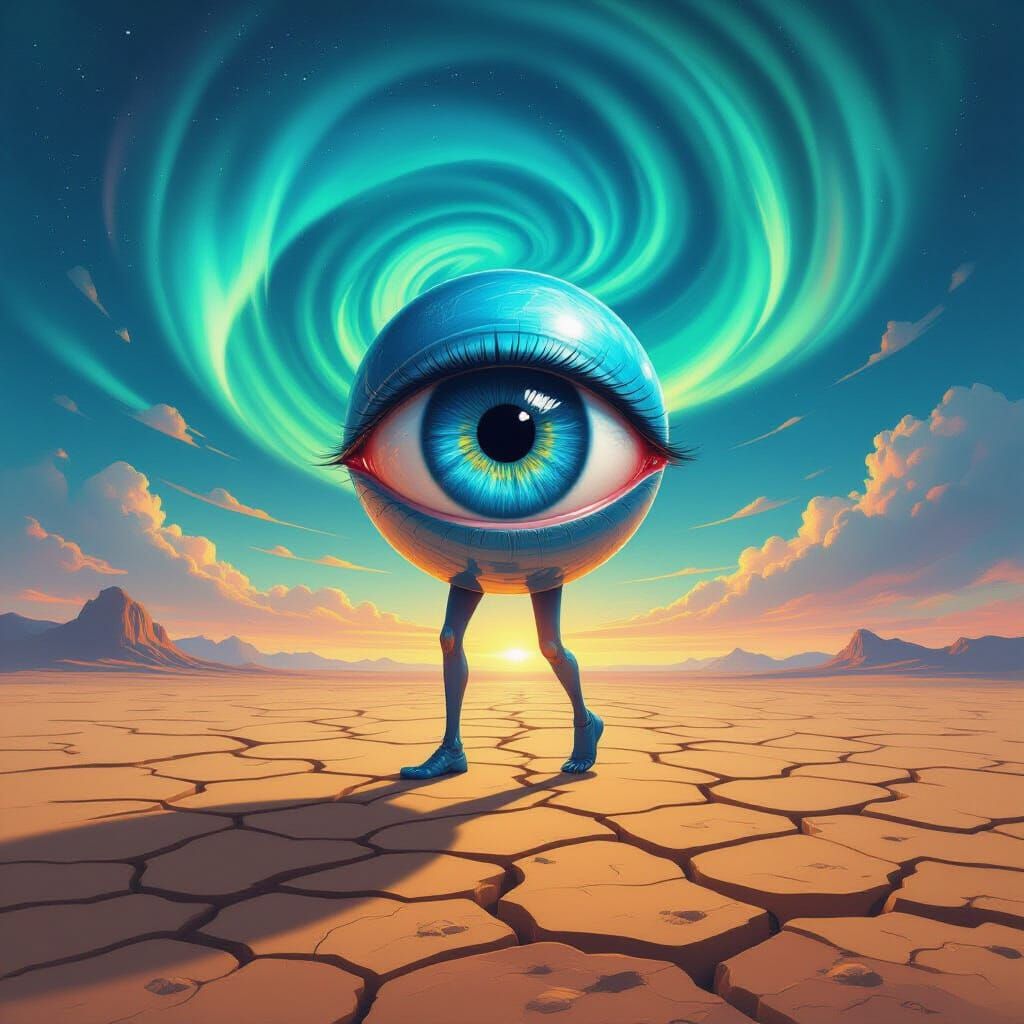 Surreal Blue Eyeball Walks Desert Landscape