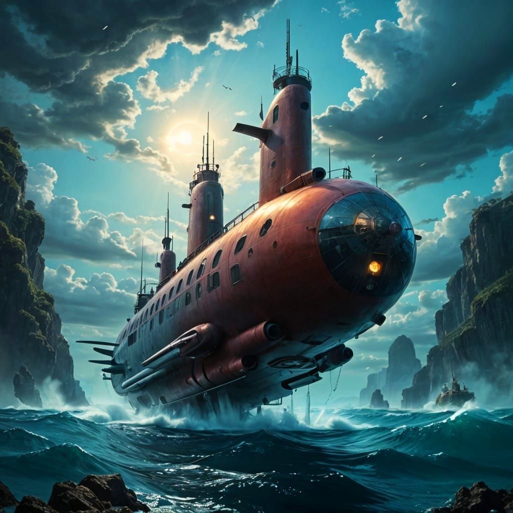 Majestic Vermilion Submarine Ascends Through Vortex