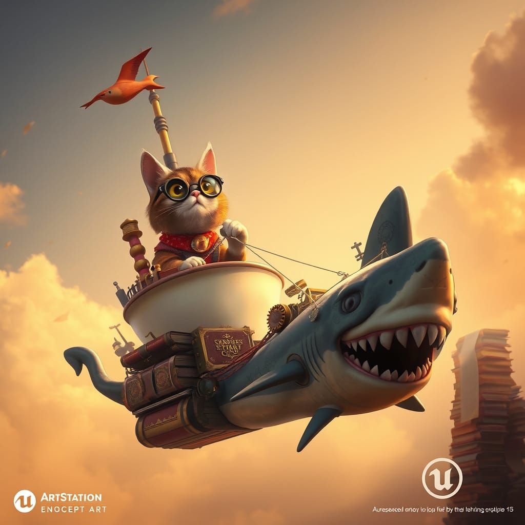 Steampunk Cat Pilots Teacup Airship Through Vibrant Hazy Sky