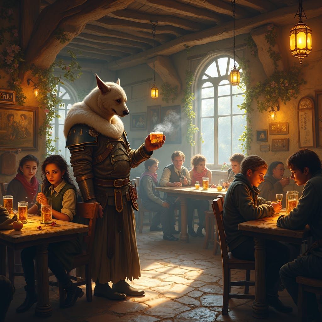 Whimsical Fantasy Tavern Scene with Bard and Patrons