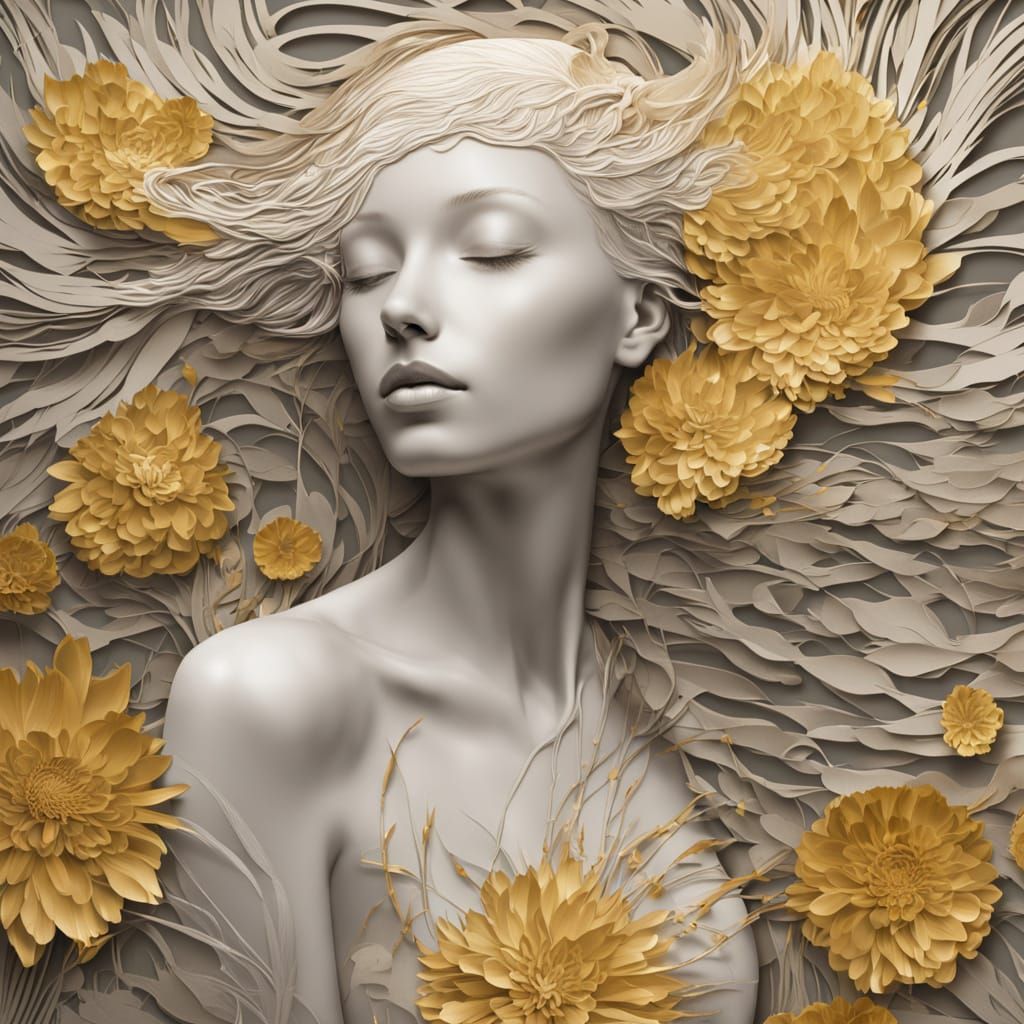 Serene Woman Gathering Dandelions for Ethereal Snow Birds