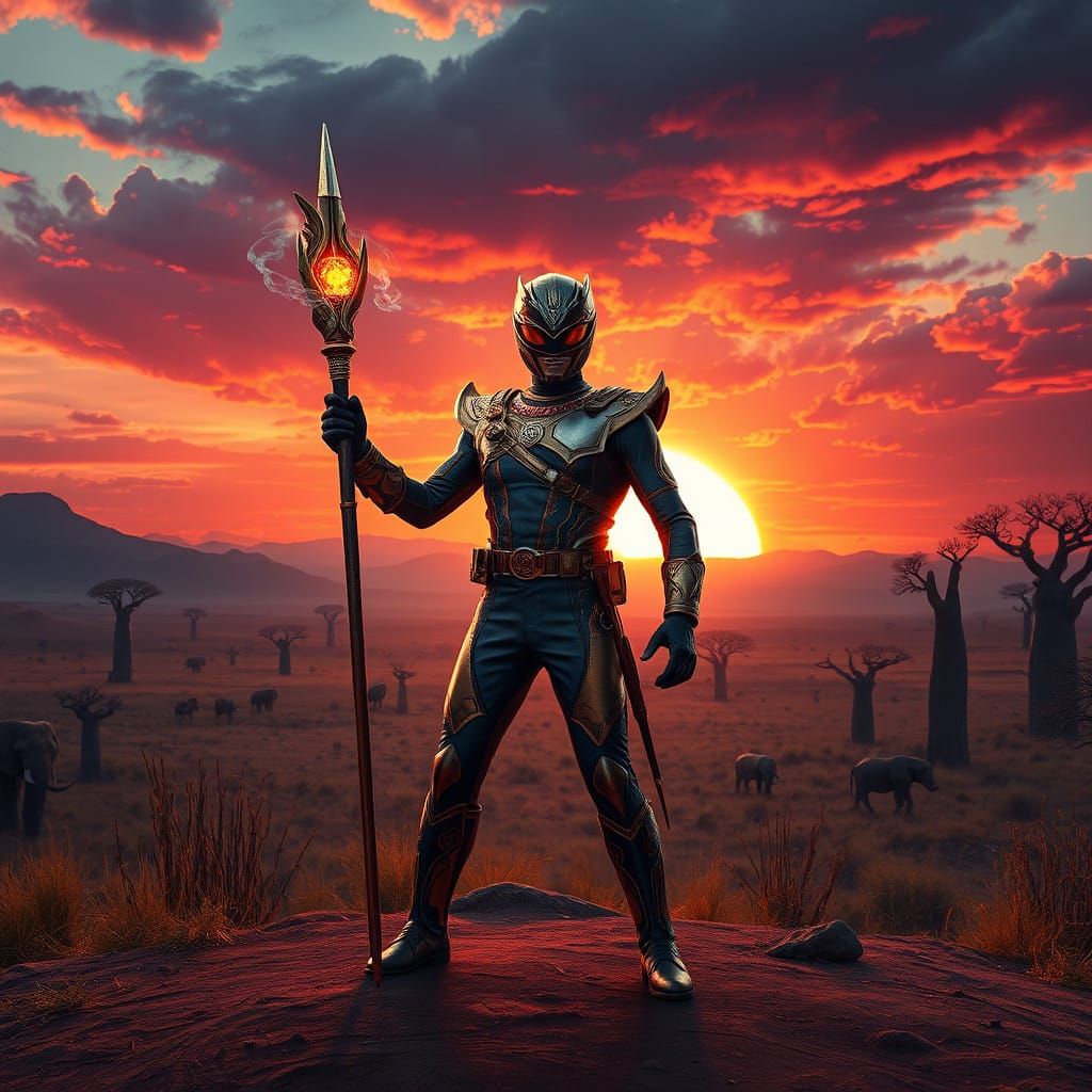 African Power Ranger Hero in Vibrant Savanna Sunset