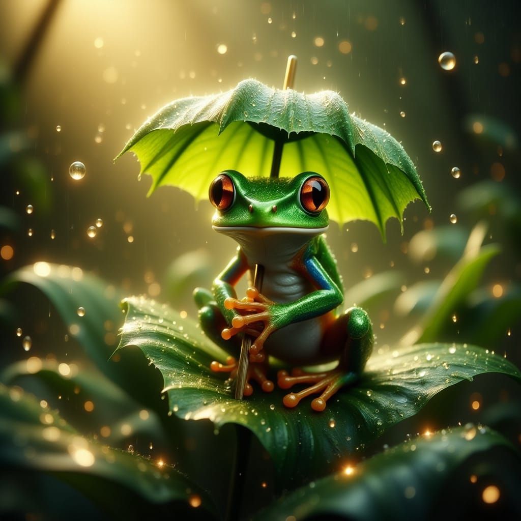Vibrant Green Frog Holds Leaf Umbrella in Golden Light