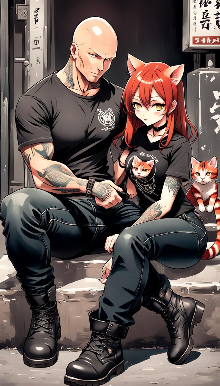 Man with Catgirl Girlfriend in Anime Style