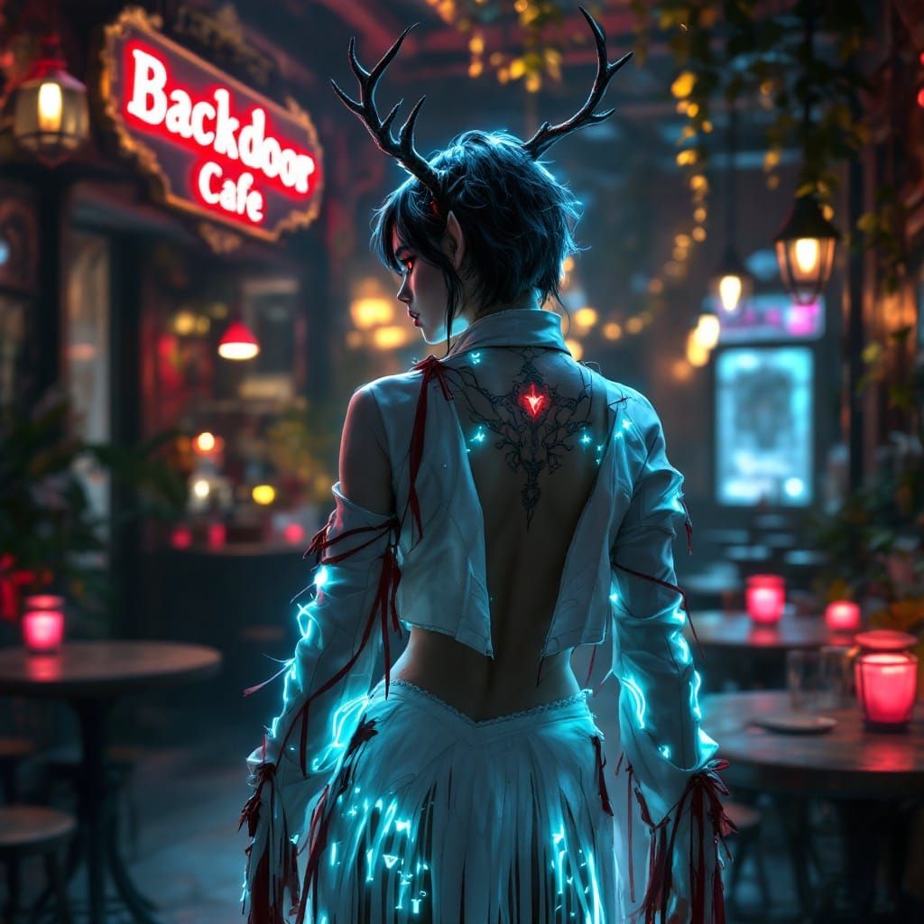 Mystical Goth Elf in Dark Cafe, Red Eyes, Bioluminescent Tat...