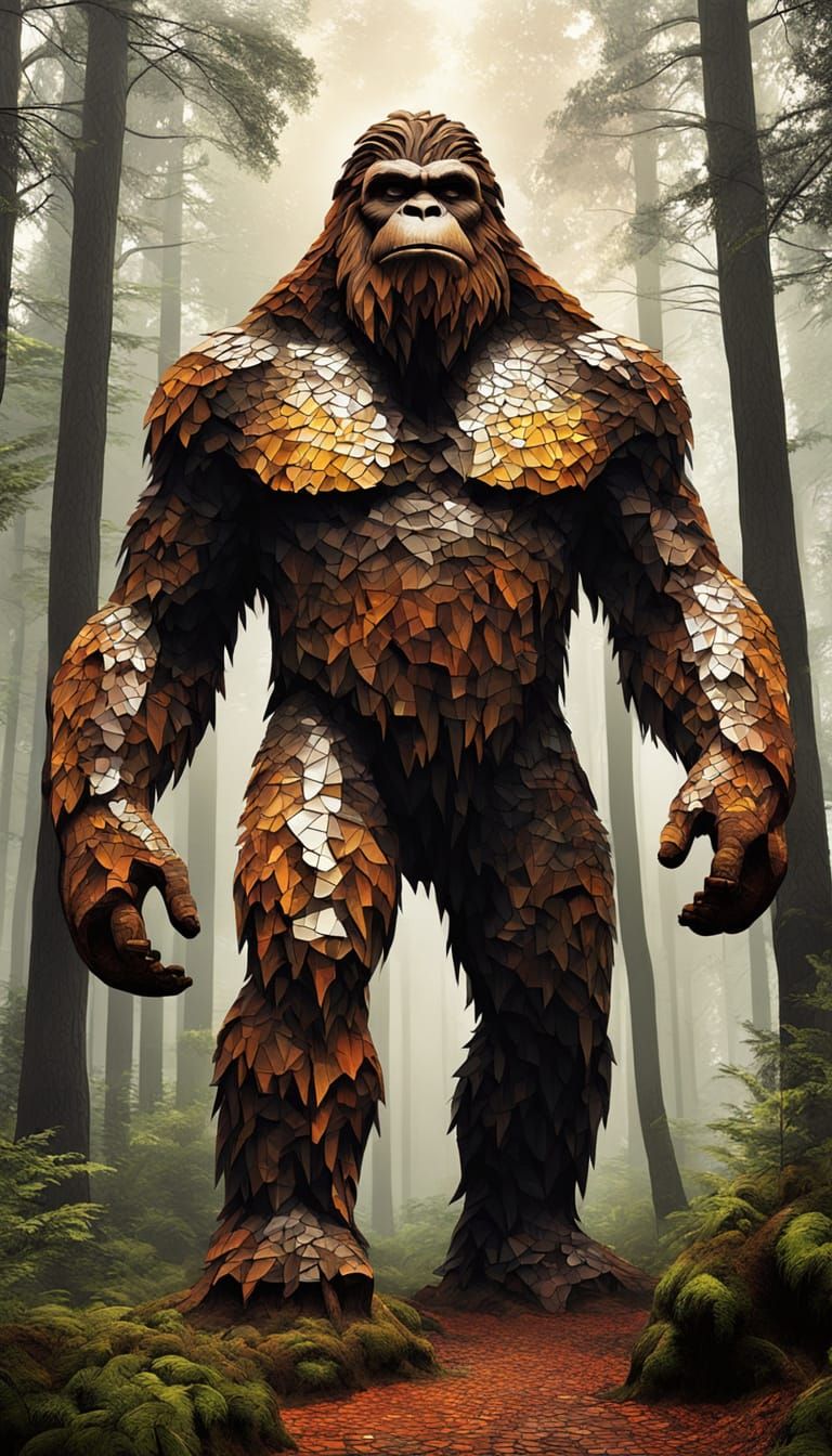 Brown Mosaic Bigfoot in Gaudí-Inspired Forest