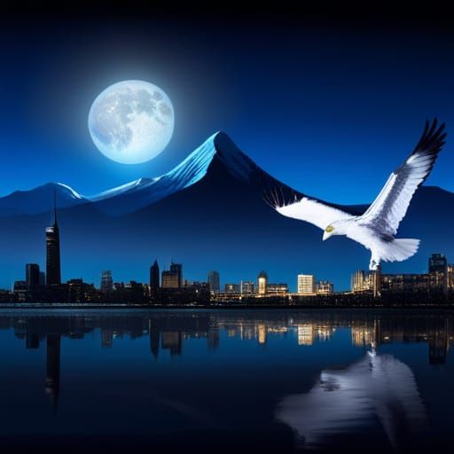 Eagle Soaring Above Cityscape Under Blue Moons