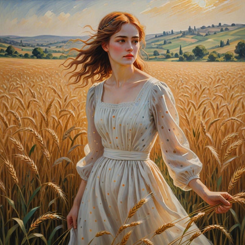 Woman in Wheat Field: Impressionist Oil Painting
