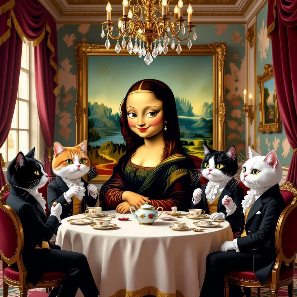 Funny Mona Lisa Jumpscares Aristocratic Cats in Rococo Ballr...