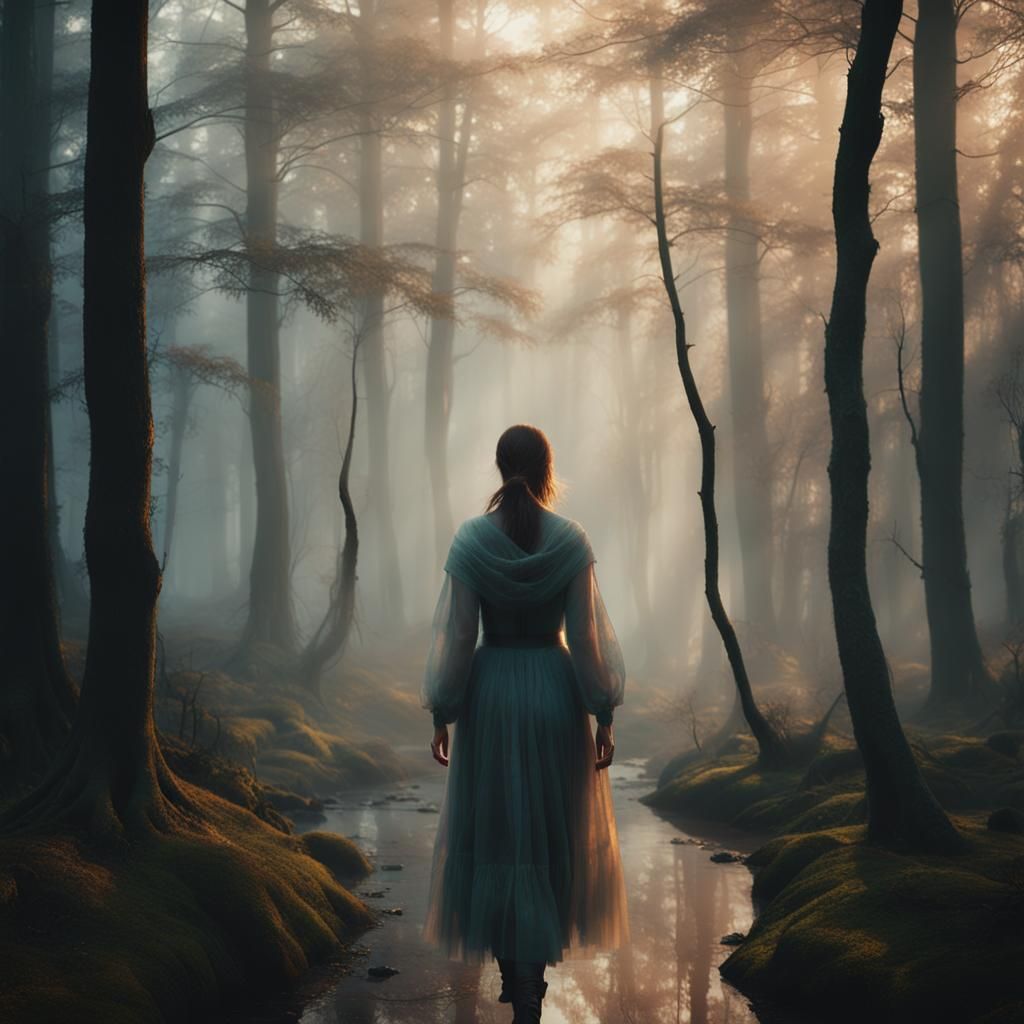 Mystical Girl Walks Through Misty Forest