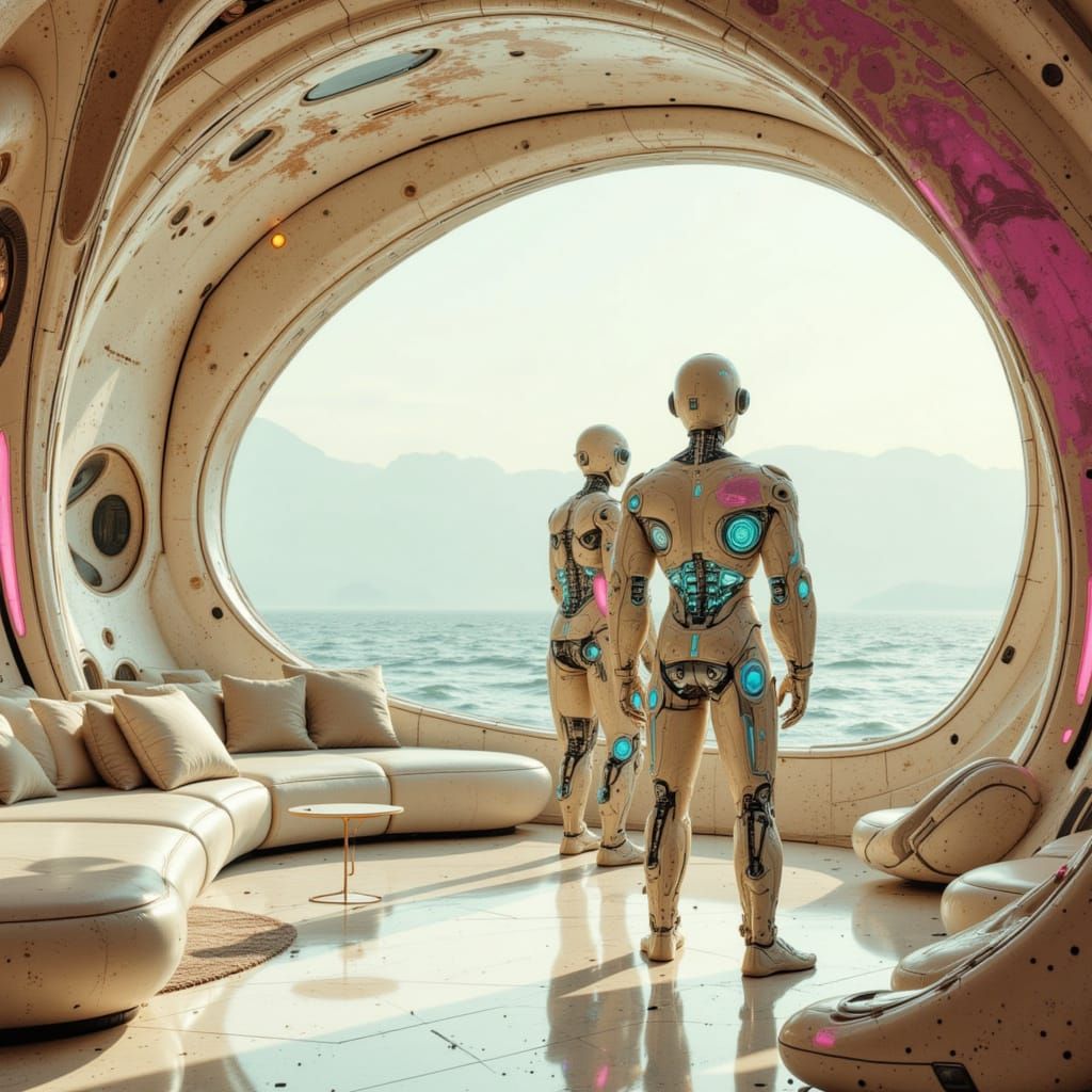 Cyborg Gazes at Alien Ocean in Futuristic Home